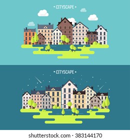 Vector illustration. Spring, summer.a City silhouettes. Cityscape. Town skyline. Panorama. Midtown houses. Summer.