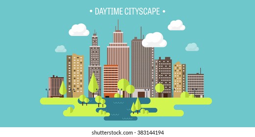 Vector illustration. Spring, summer.a City silhouettes. Cityscape. Town skyline. Panorama. Midtown houses. Summer.
