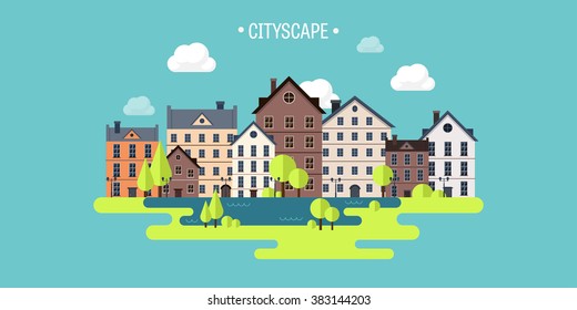 Vector illustration. Spring, summer.a City silhouettes. Cityscape. Town skyline. Panorama. Midtown houses. Summer.