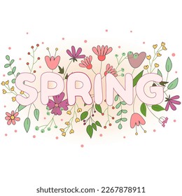 Vector illustration with Spring surrounded by flowers.