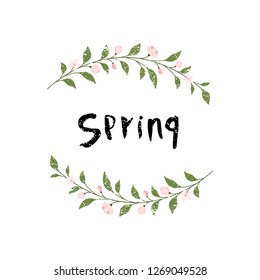 Vector illustration of spring text in floral frame background. Useful for flyers, brochure, invitation, posters. Design banner with flowers. Season vacation, weekend, holiday logo.