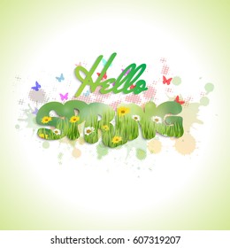 Vector illustration of Spring text with flowers and butterflies
