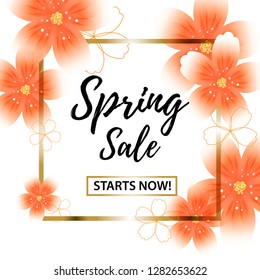 Vector illustration of spring text in frame and floral background. Useful for flyers, brochure, invitation, posters. Season vacation, weekend, holiday logo.