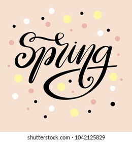 Vector illustration of spring text for logotype. Feminine calligraphy background. Hello spring lettering typography poster/card/invitation/bsnner template. Spring badge, tag and icon. EPS 10