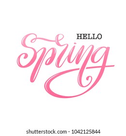 Vector illustration of spring text for logotype. Feminine calligraphy background. Hello spring lettering typography poster/card/invitation/bsnner template. Spring badge, tag and icon. EPS 10