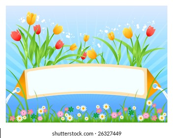 Vector illustration of Spring time card with tulips and flowers