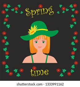 Vector illustration. Spring time. Girl with red hair, flowers and text Spring time. Concept with Girls in different style, hair and colours.