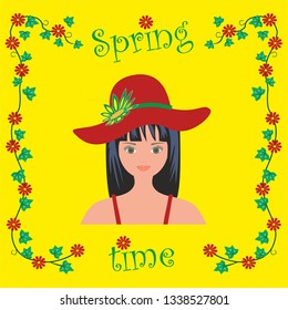 Vector illustration. Spring time. Girl with black hair and red hat on colourful background. Concept with Girls in different style, hair and colours.