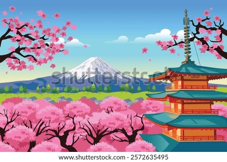 A vector illustration of Spring Time in Japan with Mt Fuji