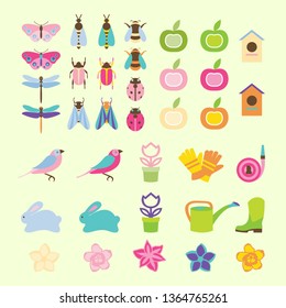 Vector illustration of spring time. Spring object collection, floral elements and decoration.