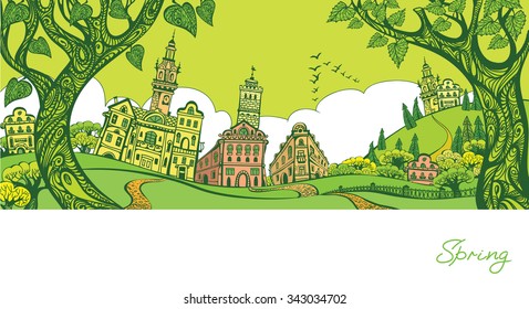 Vector illustration. Spring town. Graphic drawing by hand. Decorative card.