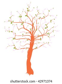vector illustration, spring tree with pink flowers, white background.