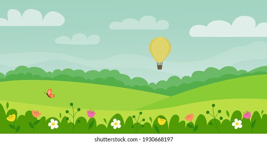 Vector illustration of a spring valley on a sunny day. Perfect for a banner in the app or on the website, as well as for advertising the spring season