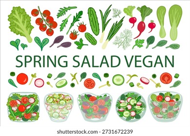 Ilustración vectorial de una ensalada vegetariana de primavera. Un conjunto de verduras de Vector y verduras de ensalada.