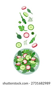 Ilustración vectorial de ensalada vegetariana de primavera en un tazón de ensalada de vidrio.