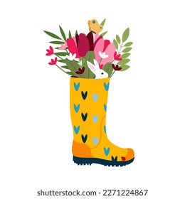 Ilustración vectorial resorte hinchan botas con flores de primavera ramo floreciente, algodón. Símbolo de primavera estilo plano.
