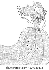 Vector illustration spring woman in zentangle and ethcnic style. Tattoo, coloring page, t-shirt, card, poster, print design. Black and white lines. Lace pattern rodent girl, flowers, joy, modern