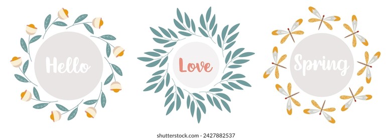Ilustración vectorial de flores y hojas de corona de primavera. Conjunto de guirnalda de Pascua de colores. Diseño para patrones, tarjetas de felicitación, invitación o carteles.