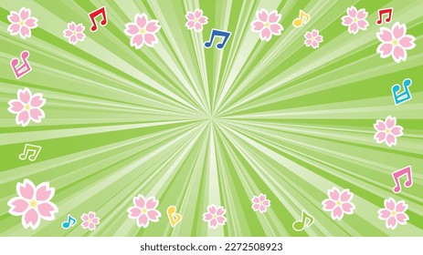 ilustración vectorial del flash amarillo-verde de primavera con gradación -flores de cerezo y nota musical-