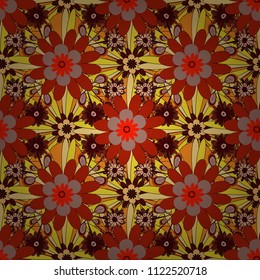 Vector illustration. Springtime contemporary abstract flower seamless pattern in red, yellow and brown colors.