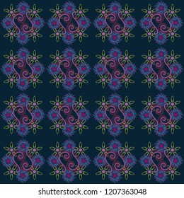 Vector illustration. Springtime contemporary abstract flower seamless pattern in black, blue and violet colors.