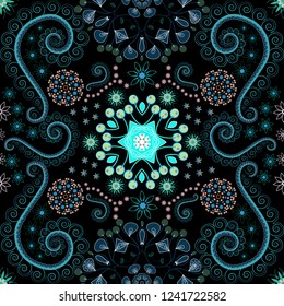 Vector illustration. Springtime contemporary abstract flower seamless pattern in green, blue and black colors.