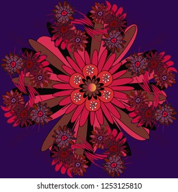 Vector illustration. Springtime contemporary abstract flower seamless pattern in red, brown and blue colors.