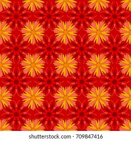 Vector illustration. Springtime contemporary abstract flower seamless pattern in red, orange and pink colors.