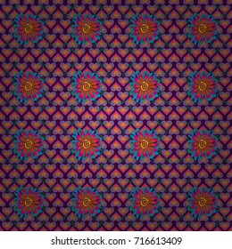 Vector illustration. Springtime contemporary abstract flower seamless pattern in blue, purple and magenta colors.