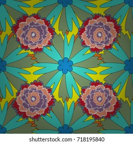 Vector illustration. Springtime contemporary abstract flower seamless pattern in yellow and blue colors.
