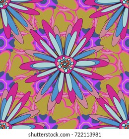 Vector illustration. Springtime contemporary abstract flower seamless pattern in magenta, yellow and pink colors.