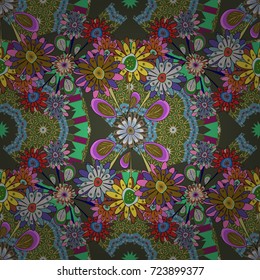 Vector illustration. Springtime contemporary abstract flower seamless pattern in blue, brown and green colors.