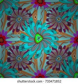 Vector illustration. Springtime contemporary abstract flower seamless pattern in orange, violet and blue colors.