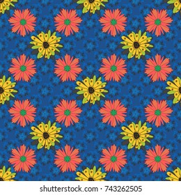 Vector illustration. Springtime contemporary abstract flower seamless pattern in gray, blue and yellow colors.