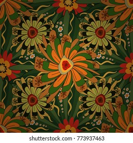 Vector illustration. Springtime contemporary abstract flower seamless pattern in green, orange and black colors.