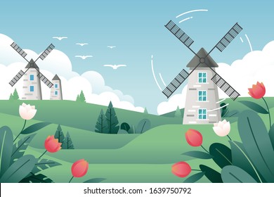 vector illustration of a springtime landscape with a traditional windmill and tulip flowers under a blue sky