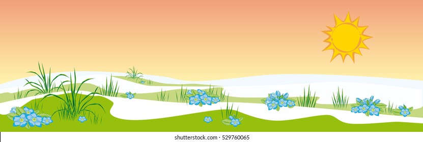 Vector Illustration Of A Springtime Thawing Time Snow Is Melting With Sunshine And Early Bloomers