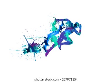 Vector illustration: sprinter. Running man. Spray  watercolor paint on a white background