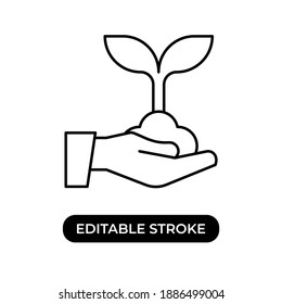 Vector Illustration of sprout icon. Sprout above one hand. Editable stroke