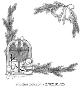 Vektorgrafik mit Fichtenzweigen, Glocken und Fensterszenen, die einen Weihnachtsrahmen bilden. Lineare Zeichnung der Weihnachtsvorlage für festlichen Rahmen. Partyhintergrund für Neujahrseinladungen oder Karten.