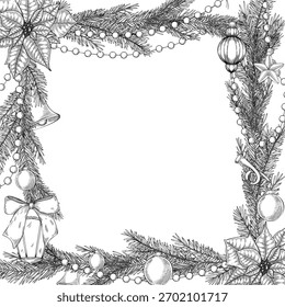 Ilustração vetorial com ramificações de abeto, ornamentos e poinsettia formando uma moldura de Natal. Modelo Linear para cartões comemorativos de Natal ou convites de Ano Novo vintage. Contorno do plano de fundo do grupo.