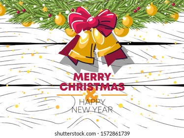 Vector illustration of spruce composition on top with Christmas tree toys, Christmas bells with ribbon