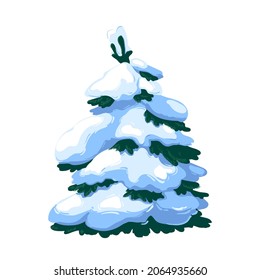 Vektorgrafik einer mit Schnee bedeckten Fichte auf transparentem Hintergrund. Ein grüner, flauschiger Kiefer einzeln auf weißem Hintergrund. Winterschneebedeckter Baum. Ein Element für eine Weihnachtsszene.