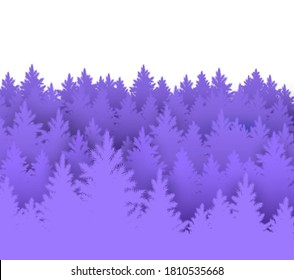 Vector illustration of spruce forest landscape silhouette in white and purple colors.