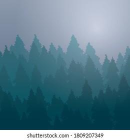 Ilustración vectorial con un bosque de abetos. Yale.Card. Antecedentes. Una mañana nublada.