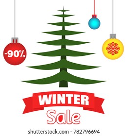 Vector illustration of spruce and inscriptions "New Year's sale" at a discount.