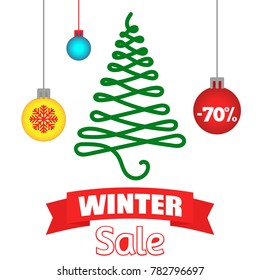 Vector illustration of spruce and inscriptions "New Year's sale" at a discount.