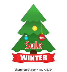 Vector illustration of spruce and inscriptions "New Year's sale" at a discount.