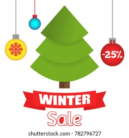 Vector illustration of spruce and inscriptions "New Year's sale" at a discount.