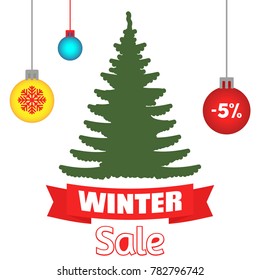 Vector illustration of spruce and inscriptions "New Year's sale" at a discount.